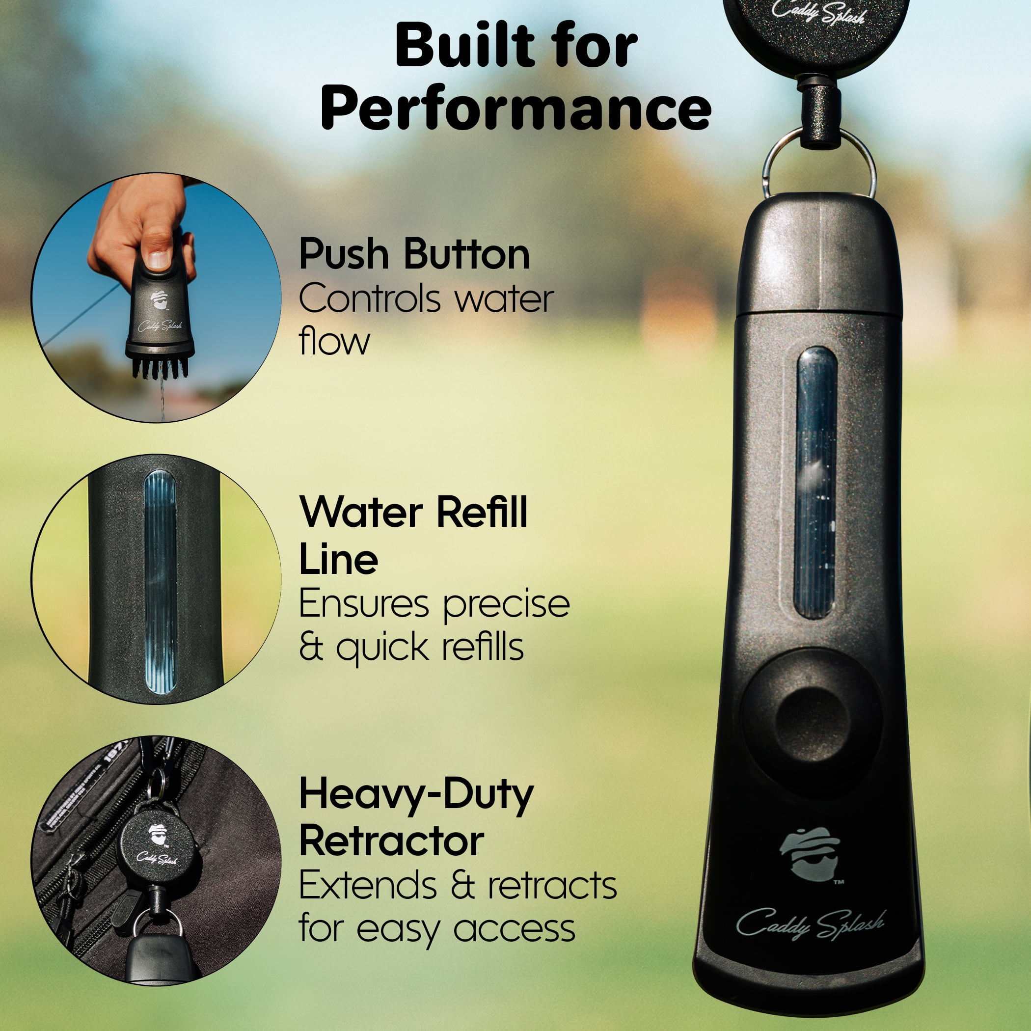Caddy Splash Golf Club Brush Pro with Water- Heavy Duty Retractable Clip- Push Button for Easy Cleaning- Nylon Bristles- Holds 4 Oz- Golf Accessories for Men- Best Golf Gift - USA Company (Black)