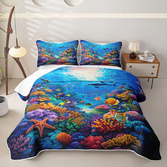 jejeloiu Colorful Ocean Coral Twin Quilt Set,Dolphin Fish Print Twin Coverlet Set For Boys,Multicolor Blue,2-Piece
