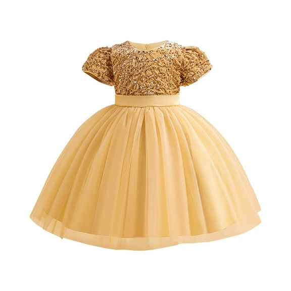 Girls Sequin Tulle Party Dress Short Sleeve Elegant Flower Girl Gown for Wedding Birthday Formal Occasion Outfits