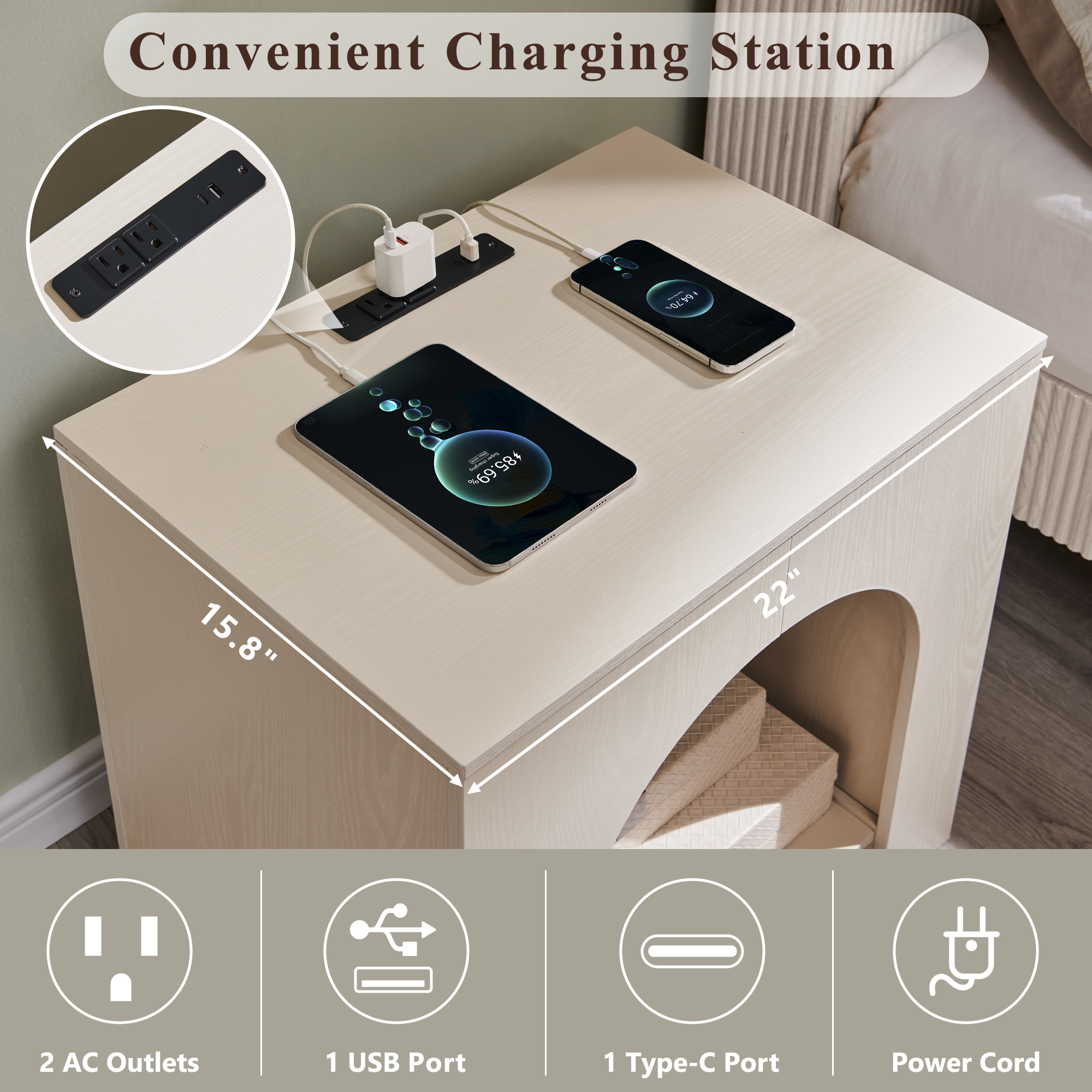 SinCiDo Modern Arched Nightstands Set of 2 with Charging Station, Bedside Table with Open Shelf Storage for Bedroom, Living Room