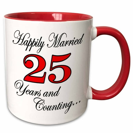 

3dRose Happily married 25 years and counting. Red. - Two Tone Red Mug 11-ounce
