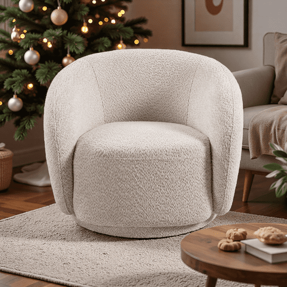 FFZ Boucle Swivel Accent Chair with Solid Wood Frame, 33.07 x 33.07 x 27.95 inch, Beige