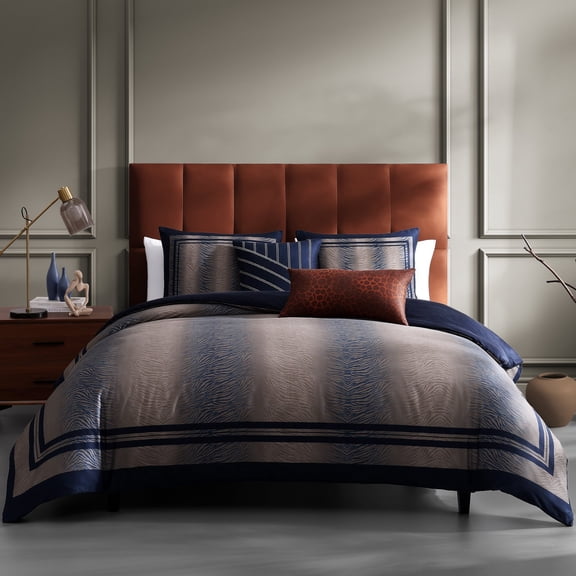 Bebejan Dark Blue Animal Prints 5 Piece Comforter Set, Queen, Navy, 100% Cotton Sateen, Reversible, All Season, Cozy Comfort