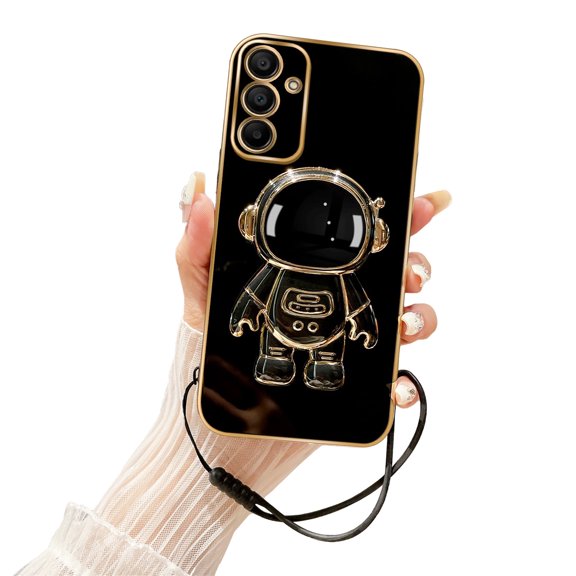Annyojo for Samsung Galaxy A15 4G/5G Case with 6D Plating Astronaut Hidden Stand and Lanyard Strap Soft TPU Shockproof Protective Cover Luxury Phone Case for Samsung A15 Case - Black