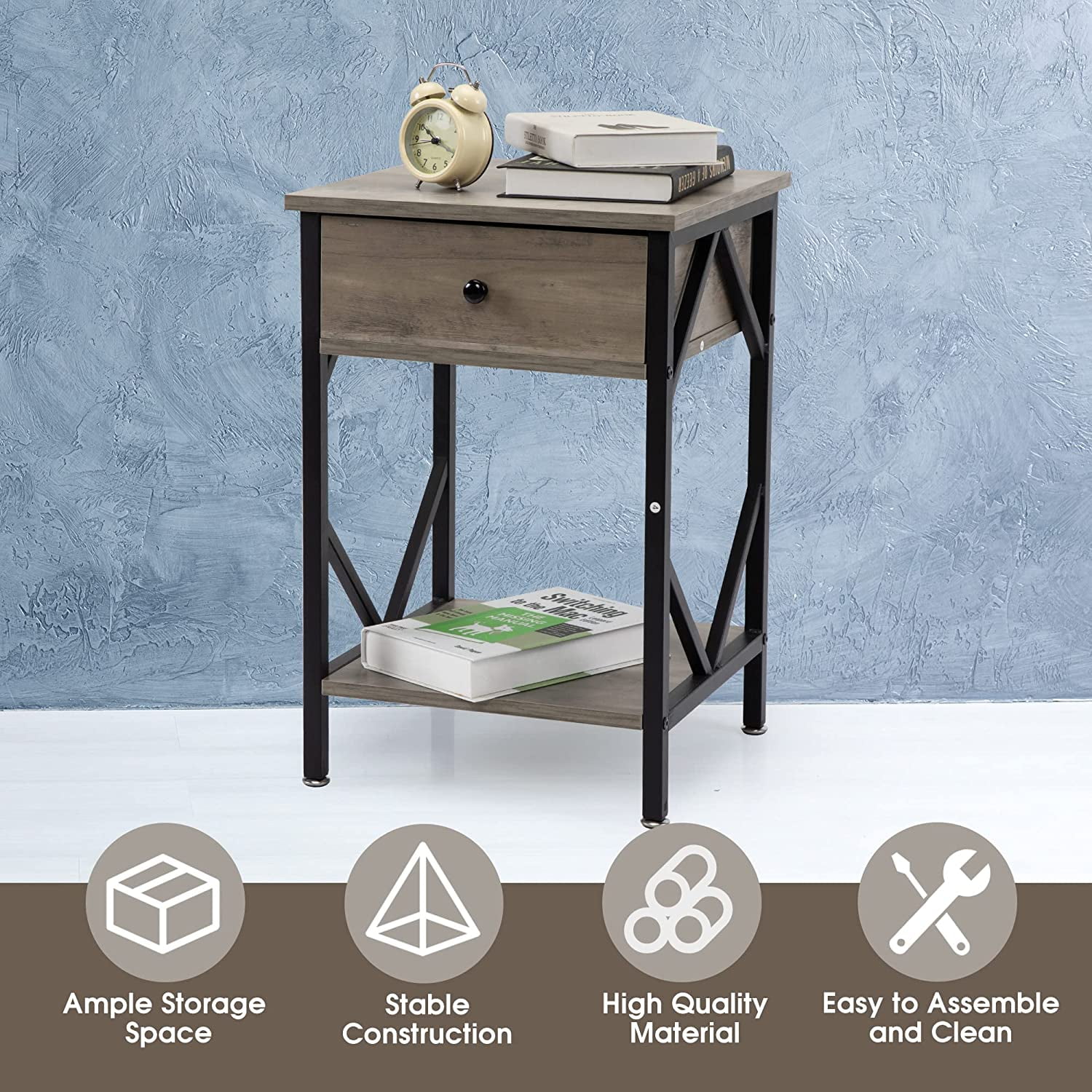 Private Jungle 2Pack Nightstand,End Table,Side Table with Drawer and Shelf,Easy Assembly,Industrial Design,Gray and Black Private Jungle 2Pack Nightstand,End Table,Side Table with Drawer and Shelf,Easy Assembly,Industrial Design,Gray and Black