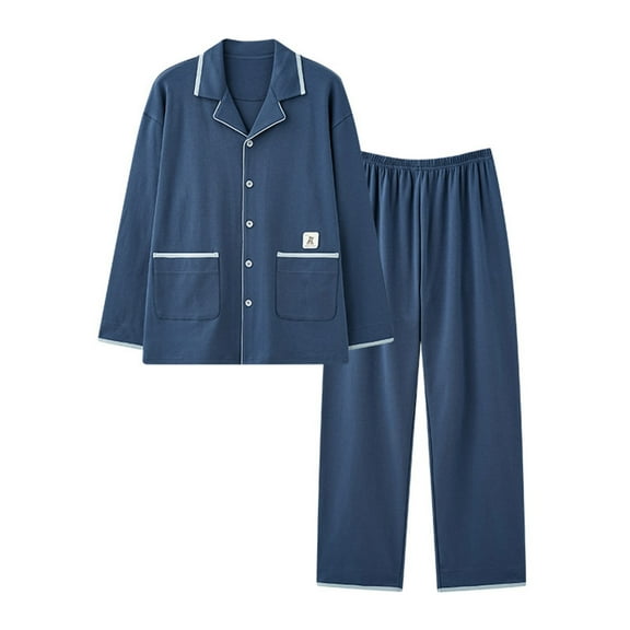 Men Pajama Set Casual Long Sleeved Solid Color V Neck Button Loose Set Plus Size Men Pjs Sets