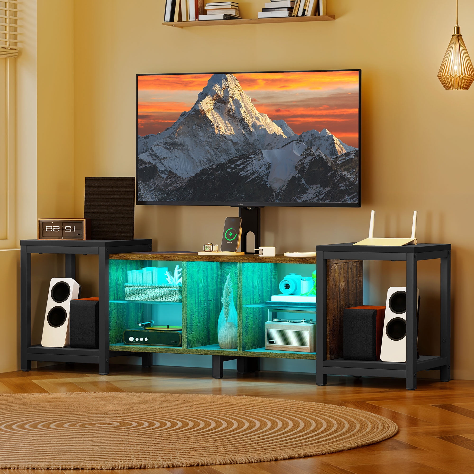 Uforic TV Stand and Mount for 32" to 70", Entertainment Center with LED Light & Height Adjustable, Black& Brown
