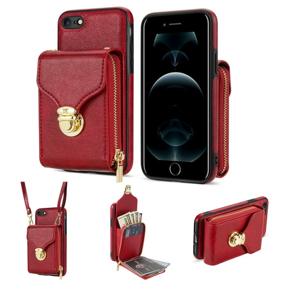 iPhone 7 / 8 / SE 2020 / SE 2022 Luxury Leather Case with Card Holder for Women Phone Case Wallet with Strap Credit Card Slots Crossbody Strap with Kickstand Zipper Shockproof Case,Red