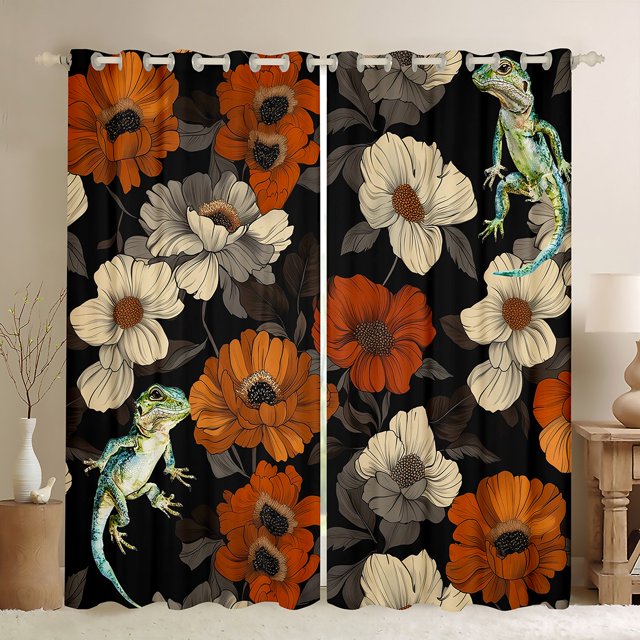 YST Tropical Floral Curtains Cartoon Lizard Curtains & Drapes, White Flower Blackout Curtains Botanical and Animal Theme Bedroom Curtains, Spring Garden Window Treatments for Kids Bedroom