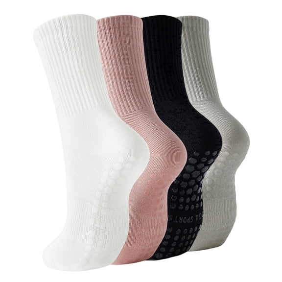 Yawlsow 4 Pairs Pilates Grip Socks for Women, Non Slip Yoga Socks with Arch Support & Breathable Cotton for Barre Ballet Hospital Workout, Size 5-10