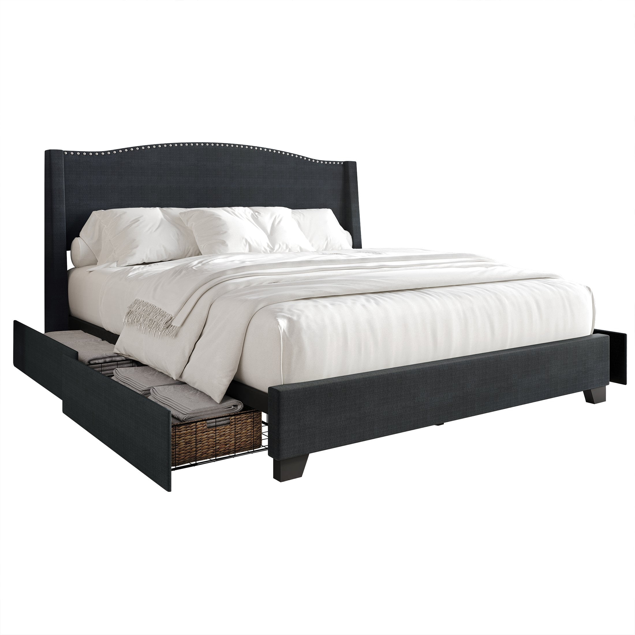 Castle Place Linen Full Size Platform Bed with Storage, Charcoal Grey