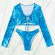 thumbnail image 3 of WILLBEST Bikini de Mujer, Traje de Baño, conjunto de Bikini para Mujer 2024, Blusa Estampada de Manga Larga, Cuello Bajo, Tirantes Finos, Cintura Abierta, Traje de Baño de Dos Piezas Ajustado, 3 of 7