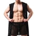 thumbnail image 2 of zeranth Men Sexy Hooded Nightgown Sleeveless Solid Color Hollow Out Mesh Summer Loungewear Lace-up Night Robe Homewear, 2 of 7