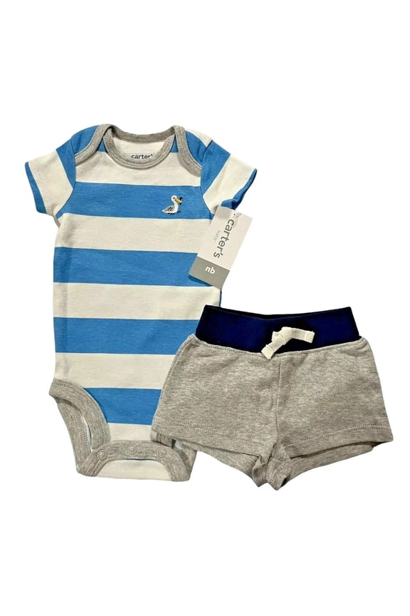 Newborn Baby Boys 2pc Bodysuit & Shorts Outfit Set Blue-Gray-White