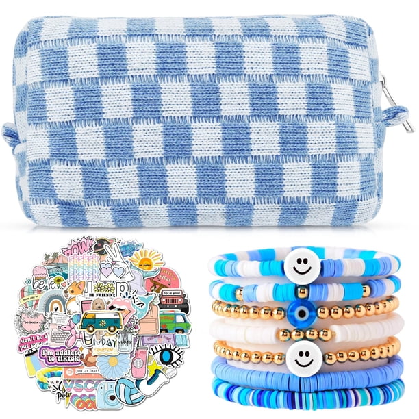 Set de bolsitas de maquillaje Giesiery a cuadros con pulseras y pegatinas Heishi