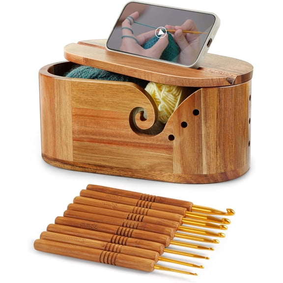 Rubinzhi Oval Yarn Bowl for Crocheting with 9pcs Knitting Hooks & Lid Large Wooden Yarn Holder Crochet Storage Basket