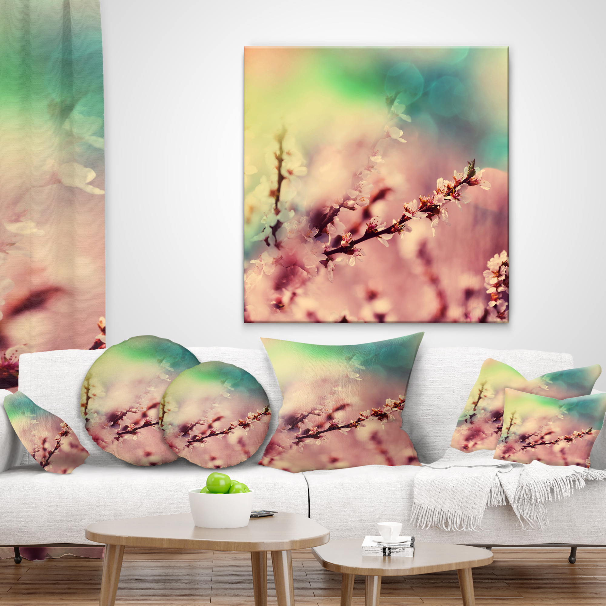 Designart Blossoming Pink Cherry Branches - Floral Throw Pillow - 18x18