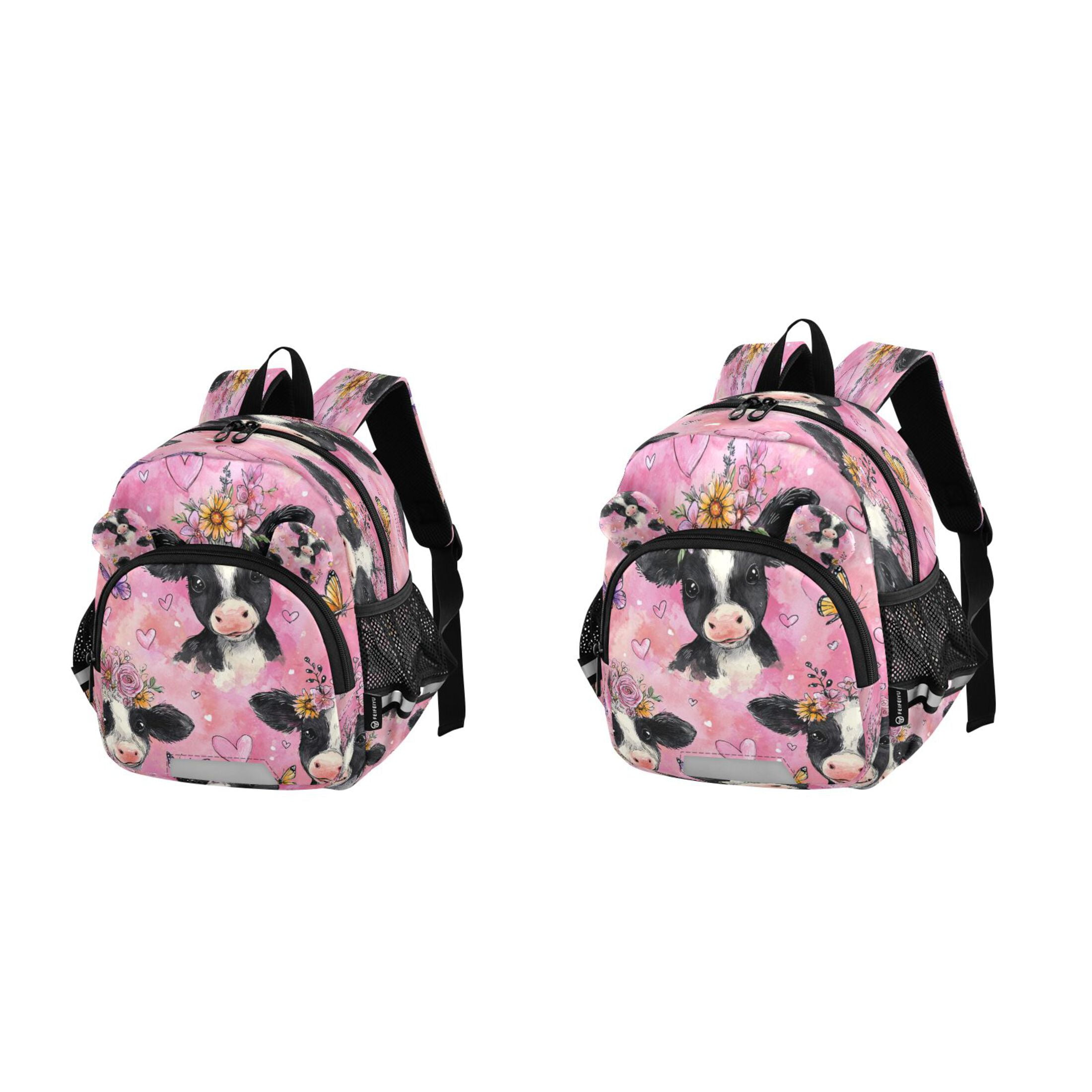 RMDQTR Adorable Ear-Print Backpack with Reflective Strip and Anti-Lost Leash Adjustable Shoulder Straps Mini Travel Backpack Cute Baby Cows with Flowers