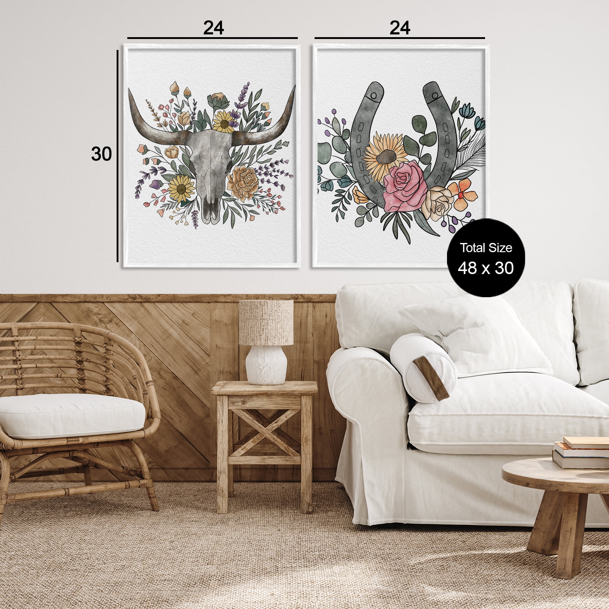 Stupell Industries Boho Longhorn & Horseshoe 2 Piece White Framed Giclee Art Set, design by Alisha Kiara Design