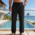 thumbnail image 2 of Migroa Men's Linen Pants Lightweight Drawstring Elastic Waist Pockets Loose Fit Straight Legs Summer Beach Vacation Yoga Trousers Black L, 2 of 7