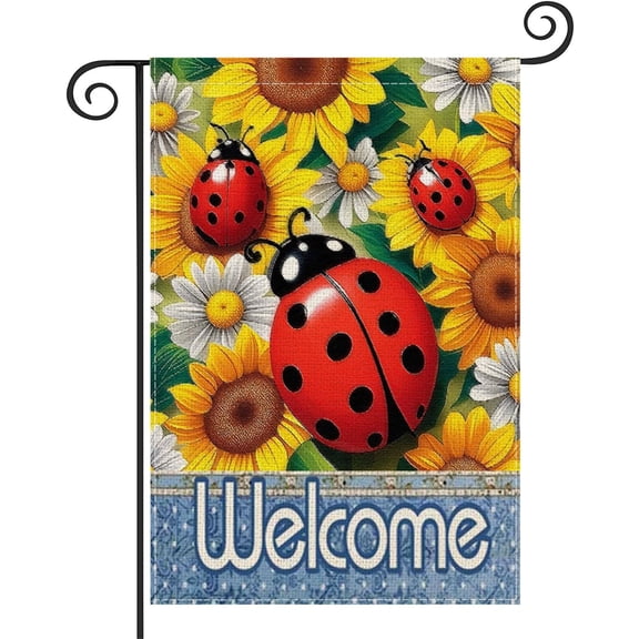 Ladybug Garden Flag Double Sided Spring Summer Ladybird Sunflower Welcome Farmhouse Outdoor Flag 12.5 x 18 Inch