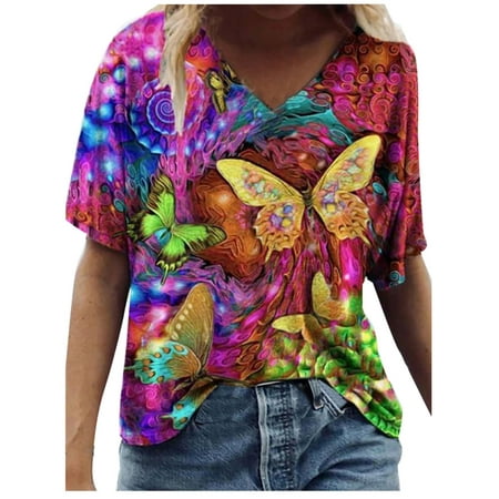 

Women Fashion Casual Print V-Neck Loose Short Sleeve T-shirt Top Blouse Pullover Lucky T-Shirt Hot Pink XL