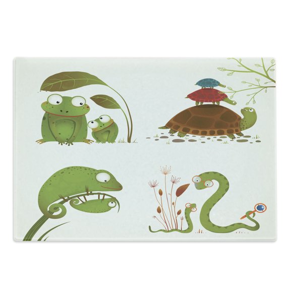 Reptile Cutting Board, Reptile Family Colorful Snake Frog Ninja Turtles Love Mother Family Theme, Decorative Tempered Glass Cutting and Serving Board, Large Size, Green Brown Red, by Ambesonne
