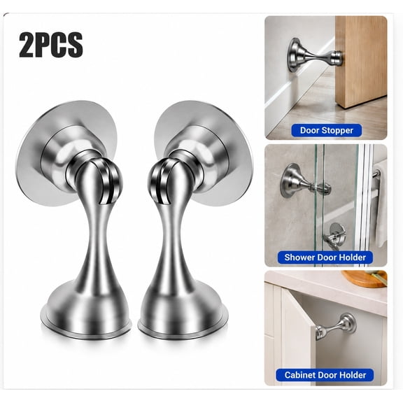 Door Stopper, Siisll Stainless Steel Magnetic Door Stop, 2 Pcs Wall & Floor Mounted Door Catch Holder, Heavy Duty Door Open Holder for Various Door Types, Install with Adhesive Tapes or Screws-Silver