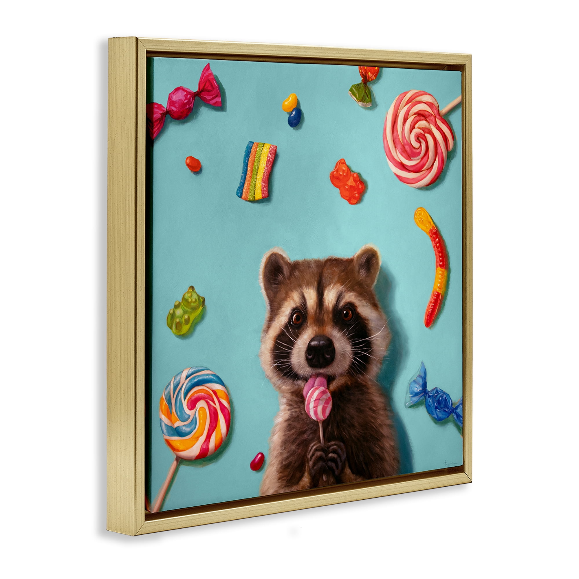 Stupell Industries Raccoon & Sweets Candies Food & Beverage Painting Gold Floater Framed Canvas Art Print Wall Art, 25 x 25