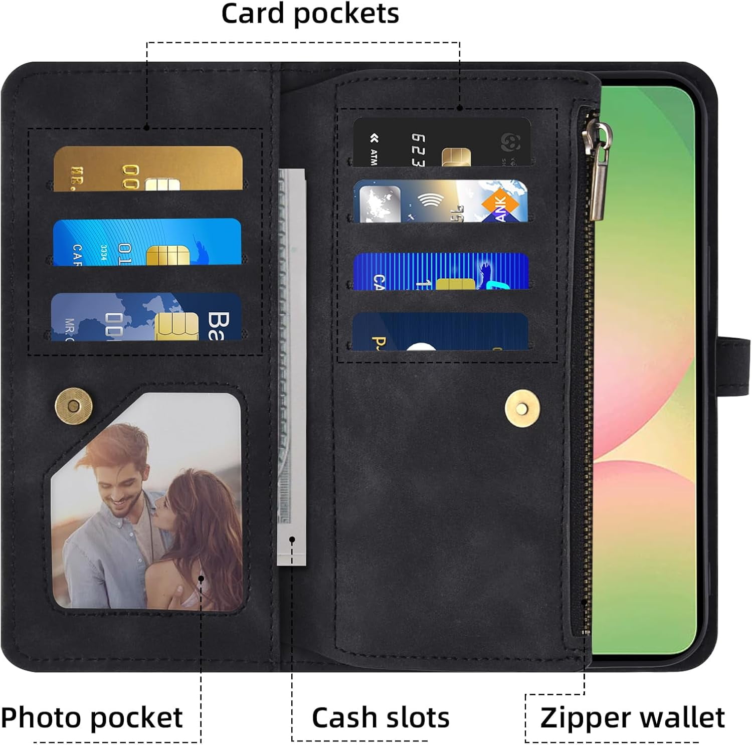 Asuwish Phone Case for Samsung Galaxy A56 5G Wallet Cover With Tempered Glass Screen Protector Crossbody Wrist Strap Flip Pattern Zipper Credit Card Holder Stand Cell A 56 56A LTE Women Men Black