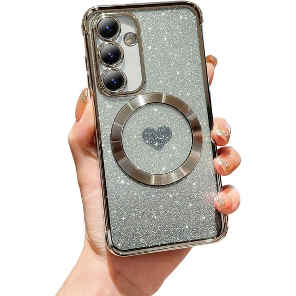 Magnetic Case for Samsung Galaxy S23 FE Luxury Plating Bling Gradient Glitter Cute Heart Cover Compatible with MagSafe Soft Shockproof Protective Clear Case for S23 FE 5g 6.4" (Silver)