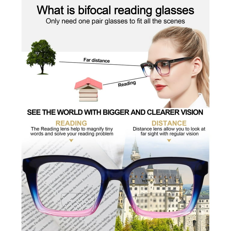 OCCI CHIARI Bifocal Reading Glasses for Women Square Sturdy Readers 1.0 1.5 2.0 2.5 3.0 3.5 Purple 1.00 Near Far Vision Dual use Acrylic Lens