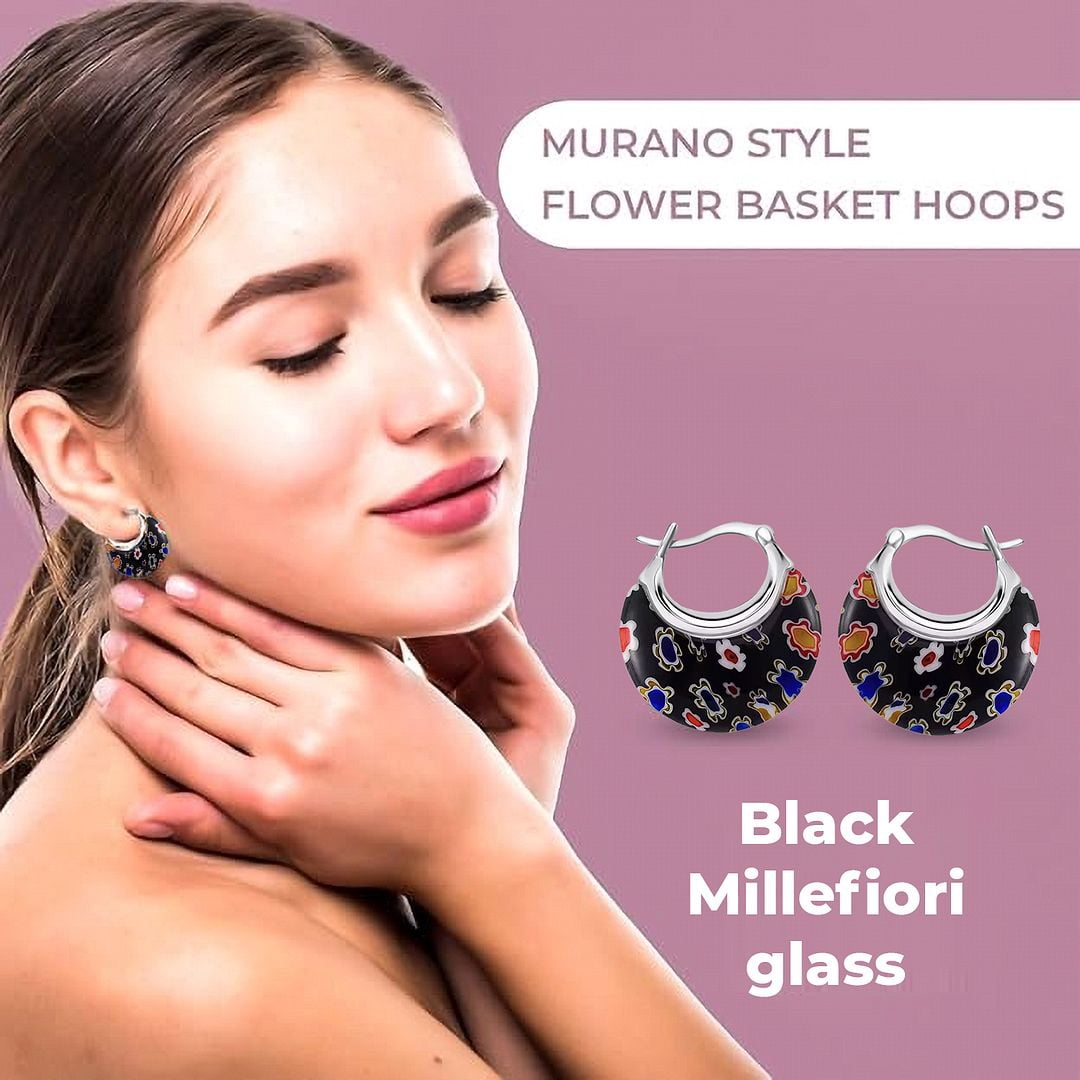 Murano Style Glass Black Hoop Earrings for Women - Flower Stainless Steel Dangle Fun Earrings - Glass Jewelry Anniversary Birthday Christmas Gifts 11.6 Gms