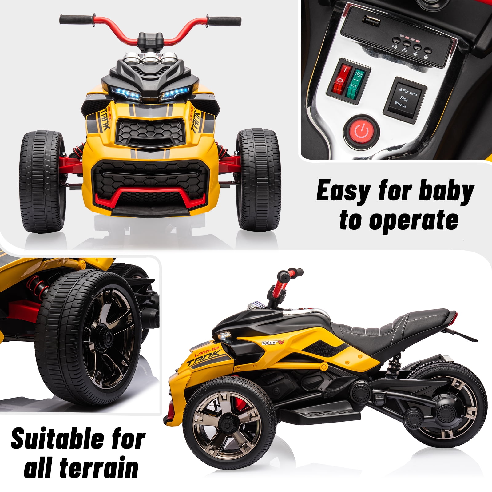 EastVita 12V 3 Wheeler Ride on ATV Electric Motorcycle, Battery Powered Electric Vehicle w/LED Lights, High & Low Speed, Horn, Music, USB, Treaded Tires, Ride on Car