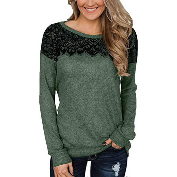 Mujeres otoño casual sólido o-cuello sexy manga larga encaje pulóver blusa camiseta tops Fridja FKASFK2898