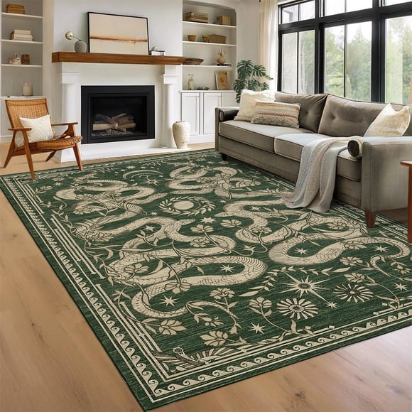 Garvee 8'x10' Modern Snake Printed Area Rug Washable Living Room Rug, Forest Low Pile Stain Resistant Rug Non Slip Carpet for Bedroom Dining Room, Green