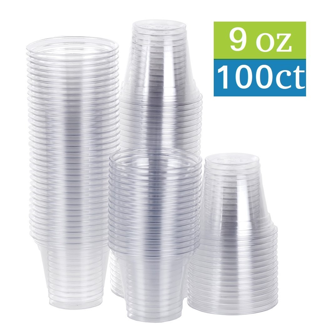 TashiBox 9 oz Disposable Plastic Party Cups, Tumblers, 100 Count