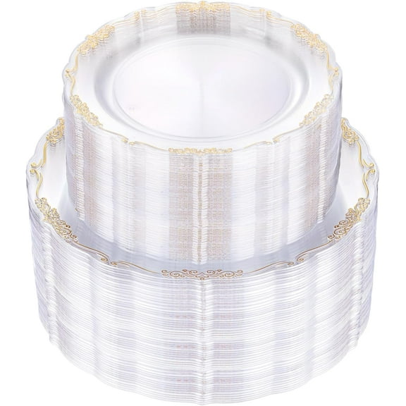 100PCS Clear Gold Plastic Plates - Disposable Heavy Duty Clear Plates with Gold Rim Including 50PCS 10'' & 50PCS 7.5'' Perfect for Party, Weddings