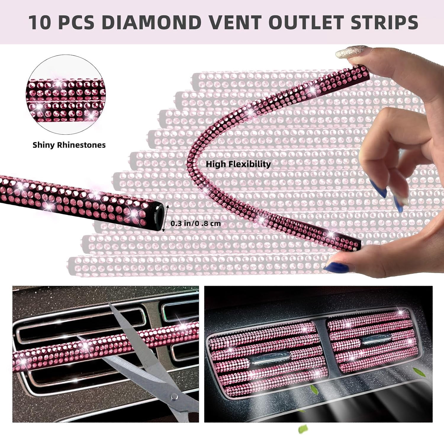 27 Pcs Pink Bling Car Accessories Set for Women, Steering Wheel Cover with Rhinestone Console Cover Seat Belt Cushion Shift Knob Cup Coaster Car Hanging (Pink)
