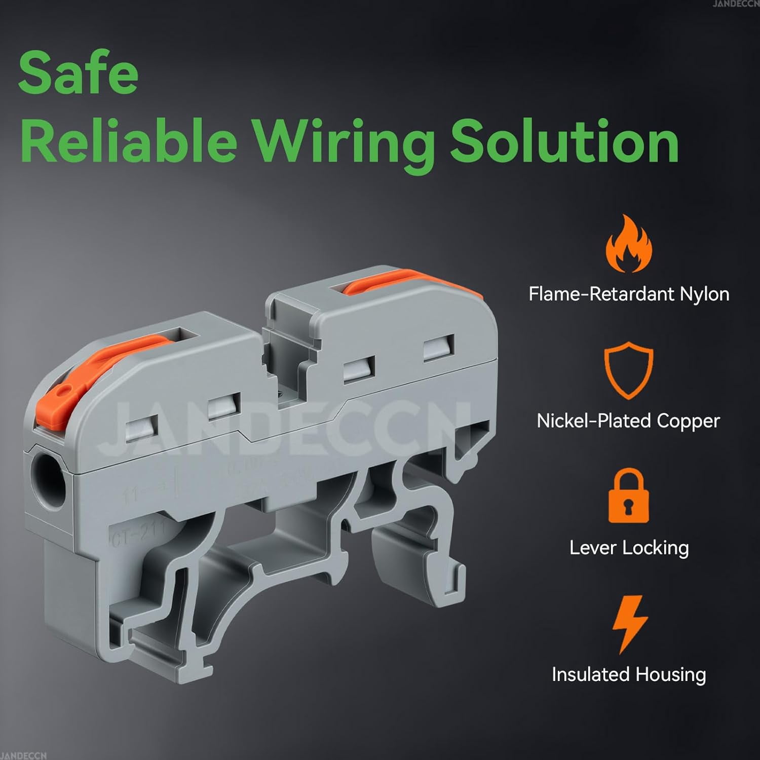 Rail Terminal Block Kit, Includes 20 Universal Compact Wire Connectors + 2 Connecting Rods + 2 Marking Strips + 2 Terminal End Stops + 20 Screws, Suitable for 24-12