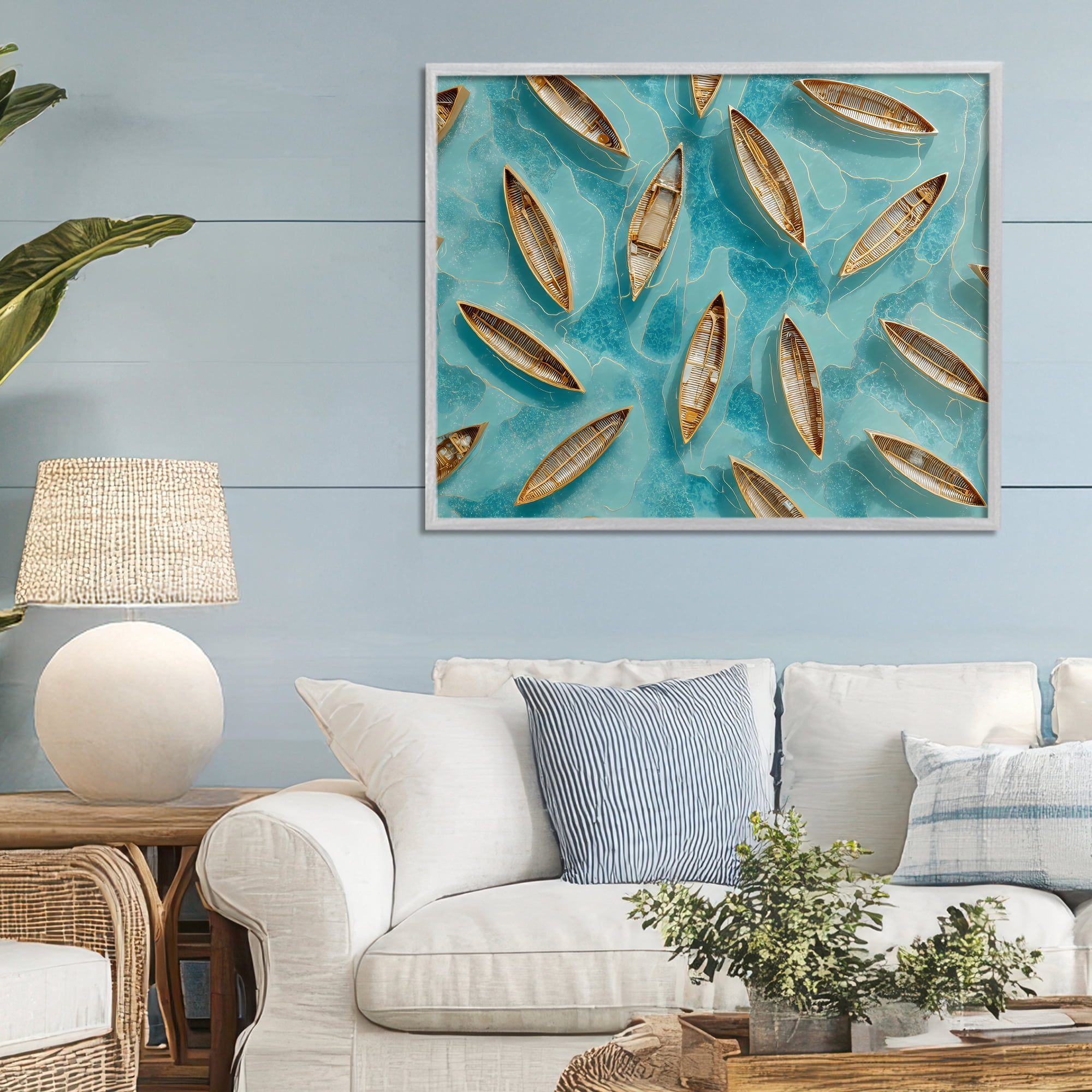 Harmonious Canoes on Water Gray Framed Giclee Art, design by Franklyn Gregory