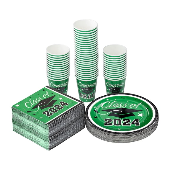 Fun Express Bulk 200 Piece Class of 2024 Graduation Party Green Disposable Tableware Kits for 50 Guests