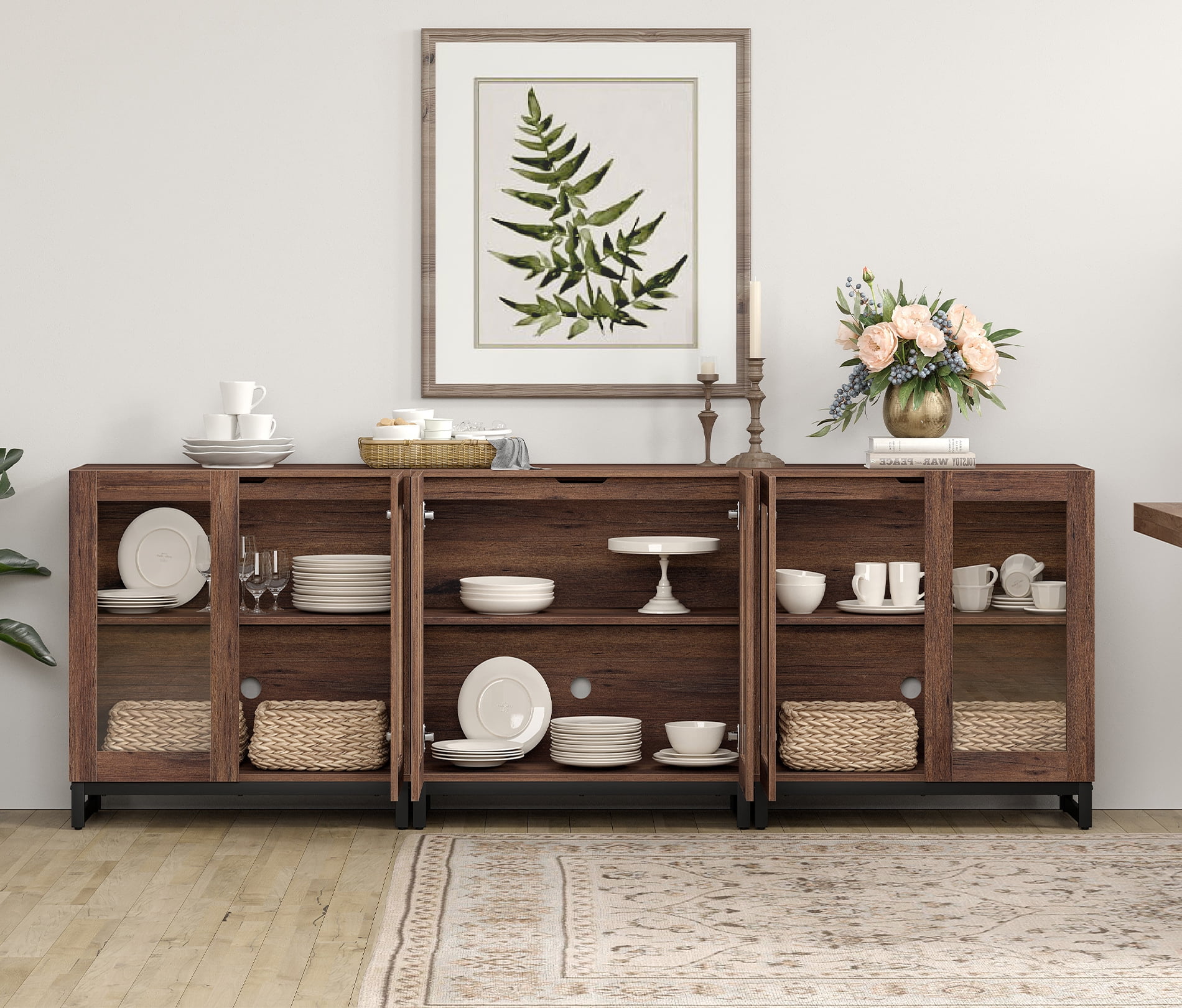 Modern 3-in-1 Multifunctional Sideboard Buffet Cabinet with 6 Glass Doors and Adjustable Shelf Coffee Bar Storage Cabinet for Living Room Kitchen,Brown