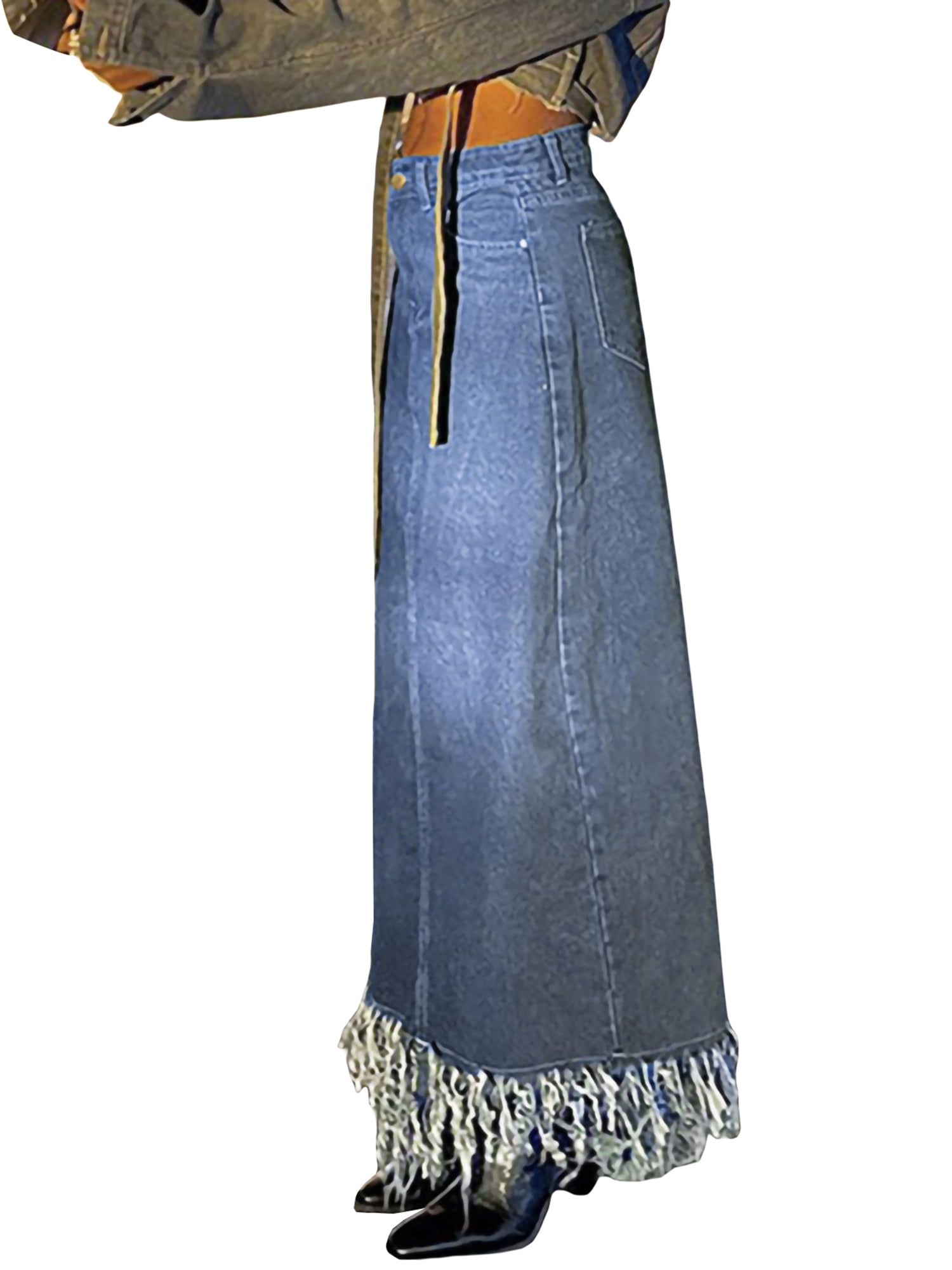 Coduop Women Vintage High Waist Long Denim Skirt Fringe Hem A-Line