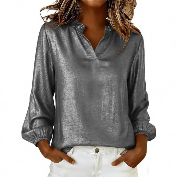 BLVB Long Sleeve Tops for Women Ruffle V Neck Shiny Party Shirts Dressy Casual Loose Club Tunic Blouses