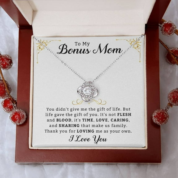 To my bonus Mom, Meaningful Message Card Love Knot Necklace for Birthday, Mother's Day, Christmas - Jewelry Gift box,