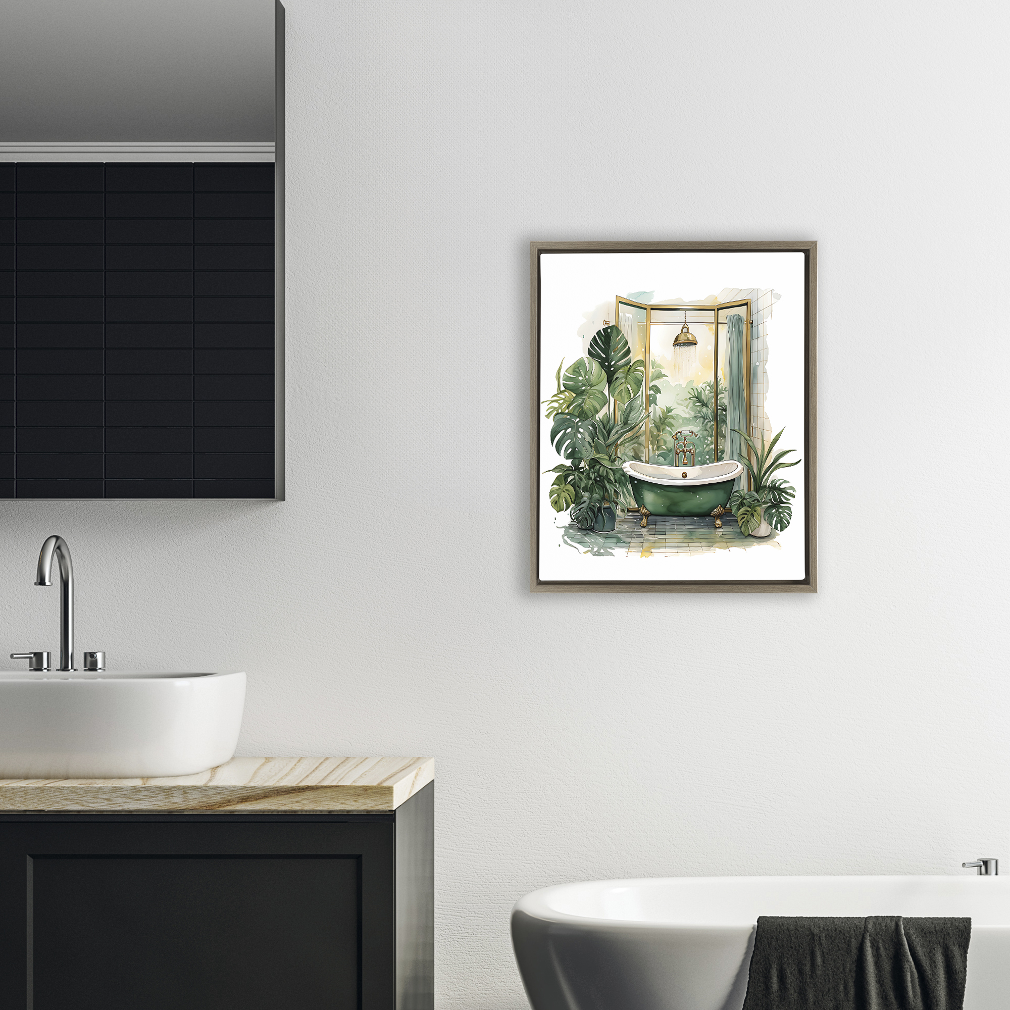 Bathtub in Tropical Oasis Brown Framed Floater Canvas Wall Art, design by Lettered and Lined