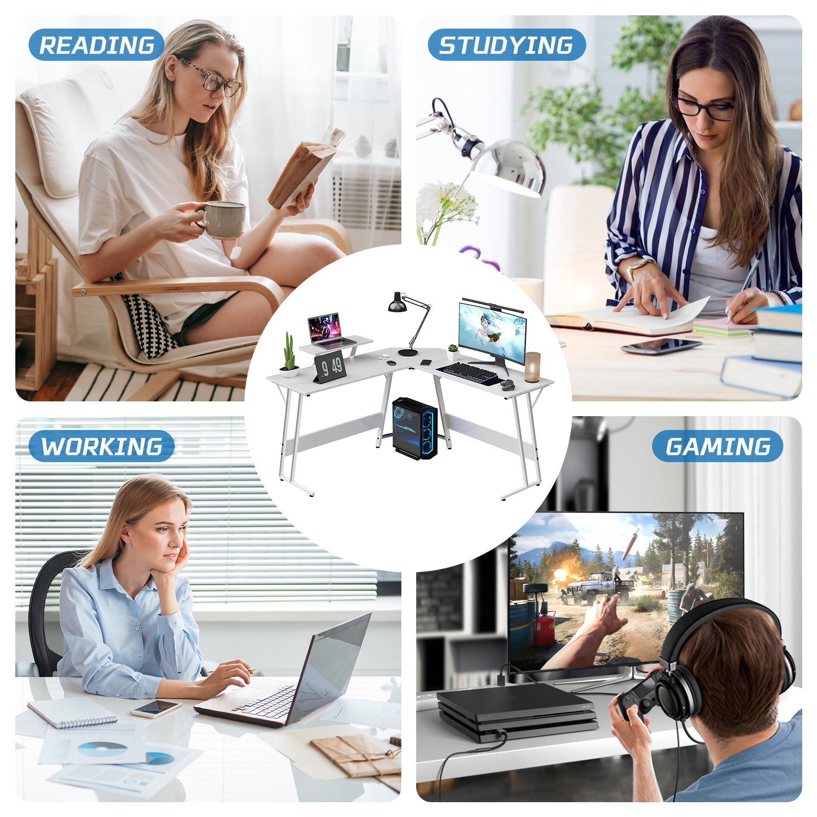 Dkelincs L Shaped Gaming Desk, 50.4" Corner Computer Desk PC Game Table with Monitor Stand Large Desktop for Home Office Study Writing Workstation, White