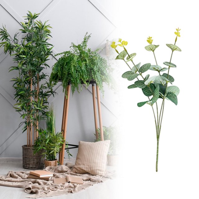 Eucalipto artificial Eucalipto vástago rama de relleno vástago plantas de interior decoración follaje verde falso para festival cafetin 4 cabezas de longitud 37 cm
