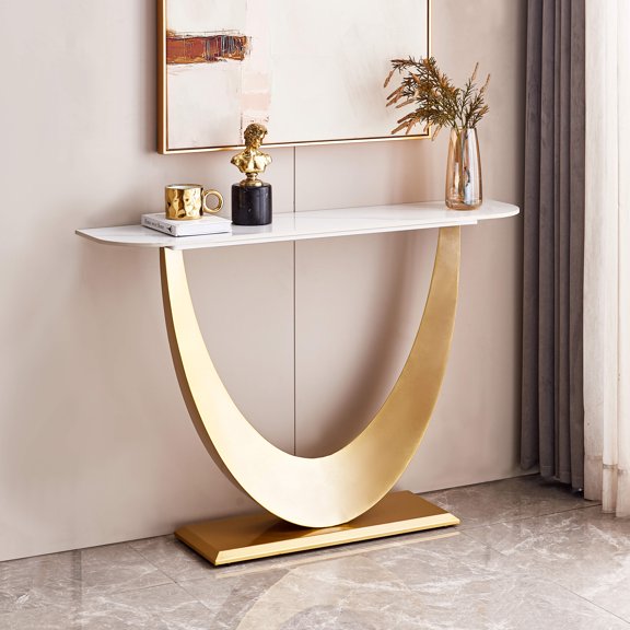 Youdao Modern Console Table with Gold Base, 47.24 Inch Marbling Entryway Foyer Table, Unique Narrow Sofa Accent Table with Geometric Metal Legs for Living Room, Hallway, Entrance, White & Gold